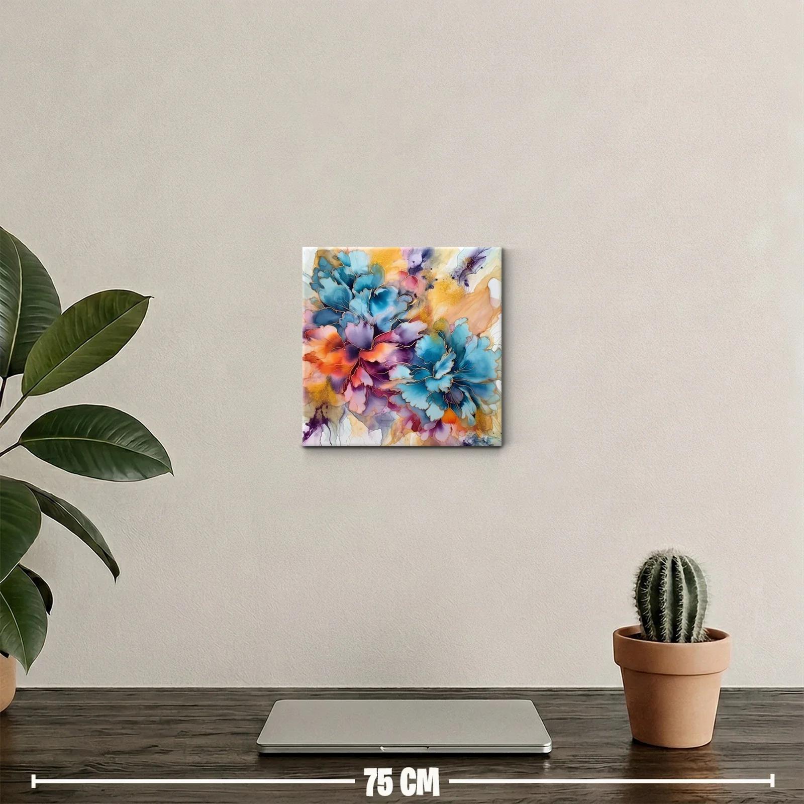 Cuadro floral vibrante con tonos azul y naranja intensos — miniatura 2