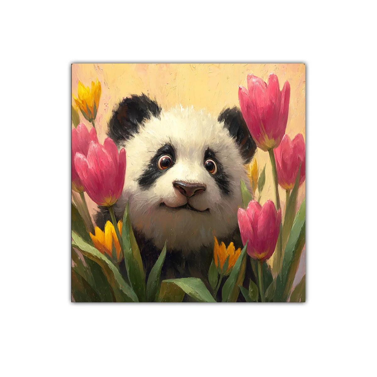 Tierno panda rodeado de coloridas flores vibrantes