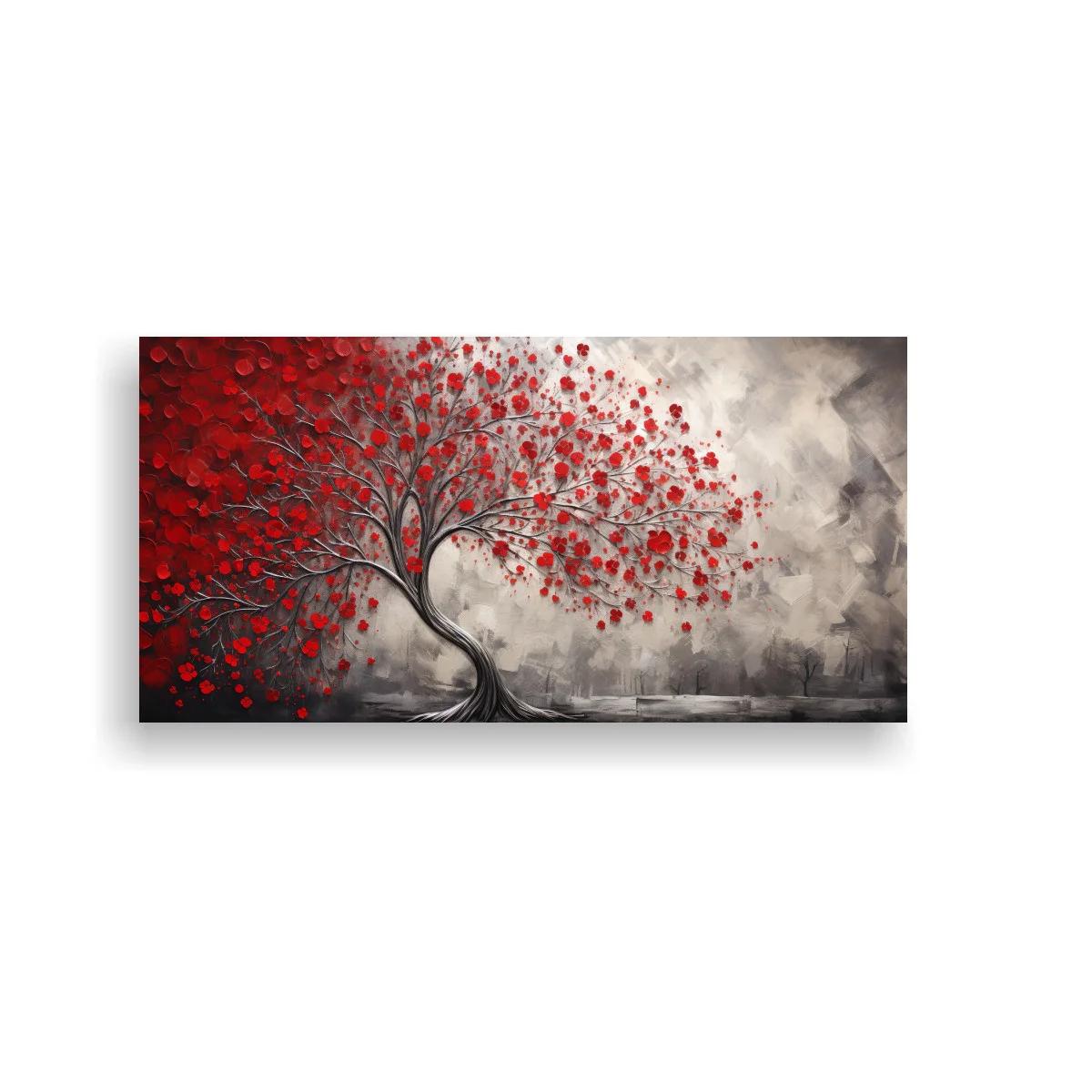Cuadro árbol con flores rojas y tronco curvado