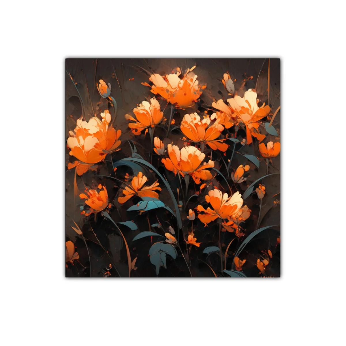 Cuadro floral vibrante con flores en tonos cálidos y fondo oscuro — imagen principal