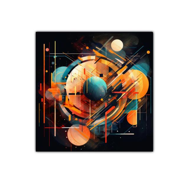 Composición abstracta geométrica con esferas y líneas dinámicas