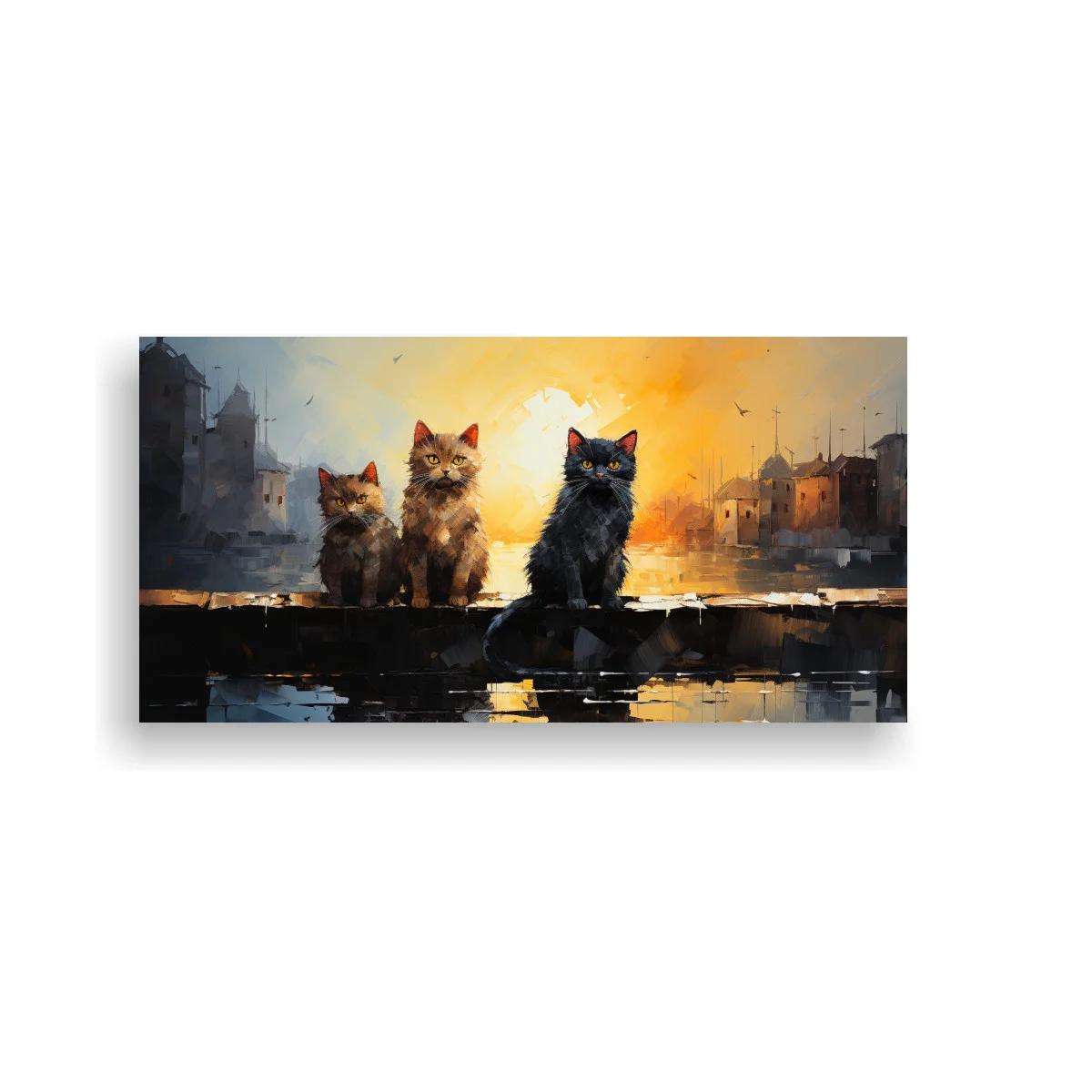 Cuadro tres gatos sentados frente a la ciudad al atardecer