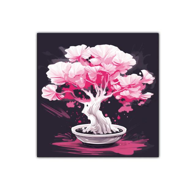 Bonsái en flor con tonos rosas vibrantes y fondo oscuro