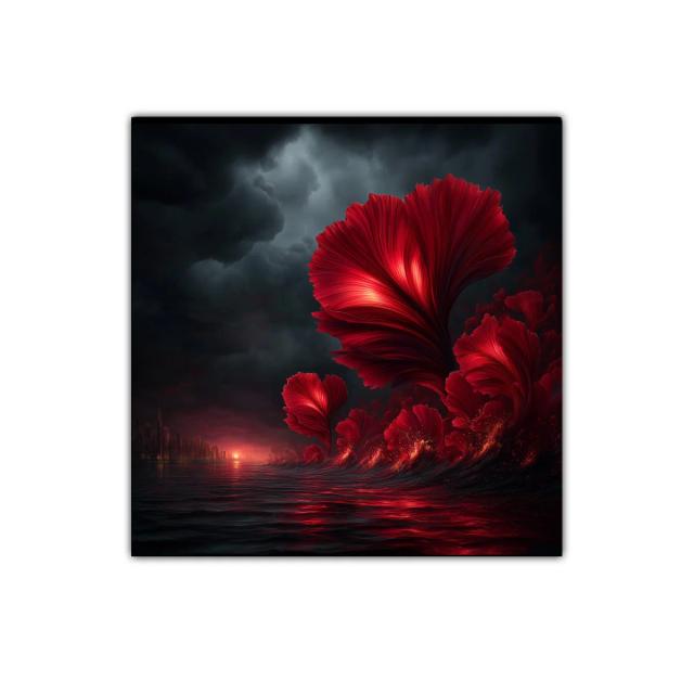 Flores rojas emergiendo de un mar oscuro al atardecer