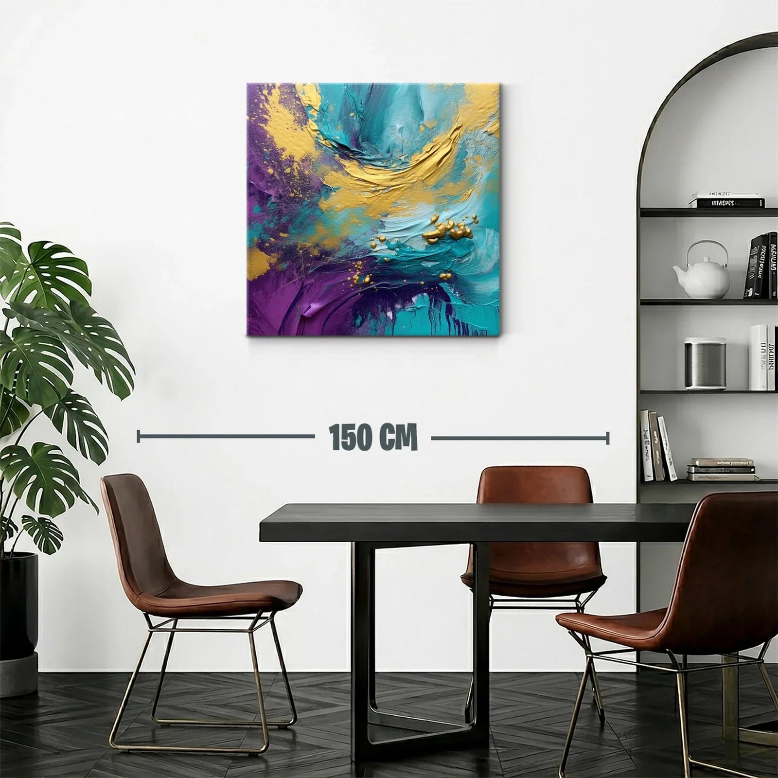 Cuadro abstracto vibrante en tonos turquesa y dorado — miniatura 2