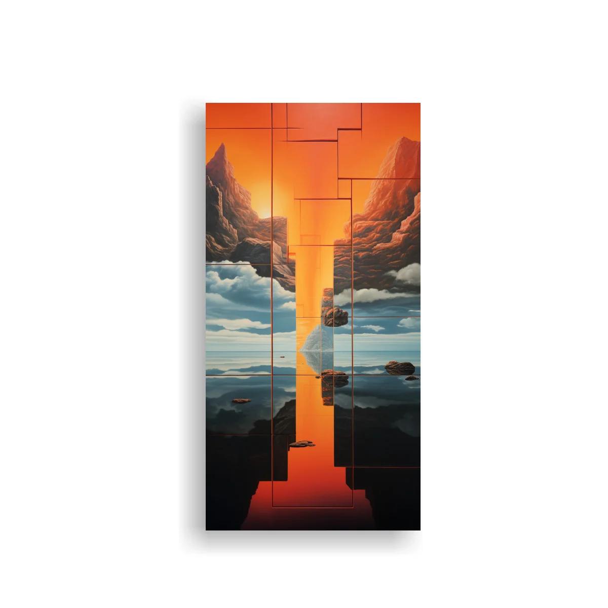 Cuadro cañón surrealista con luz naranja y líneas geométricas