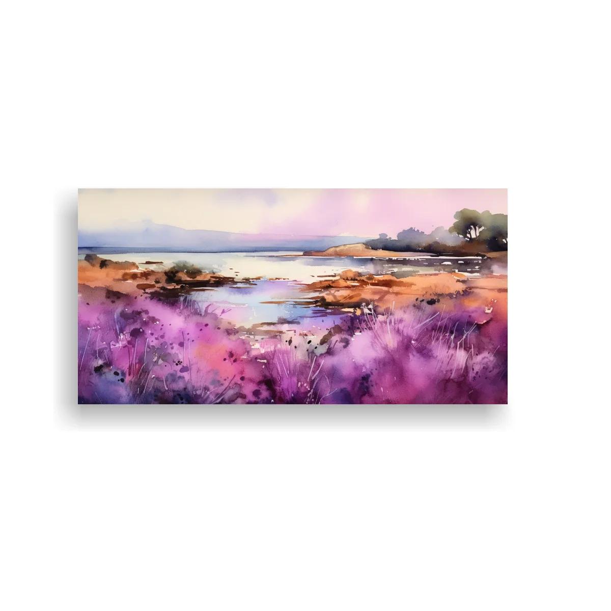 Cuadro paisaje de lago con flores moradas y juncos ocres