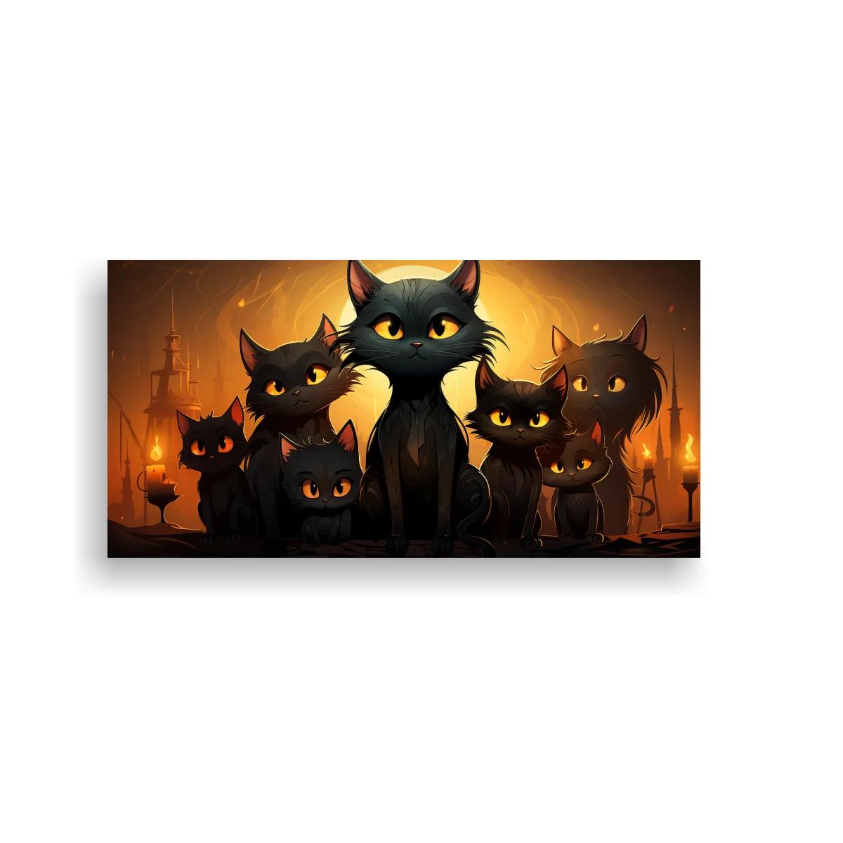 Cuadro grupo de gatos negros con velas encendidas
