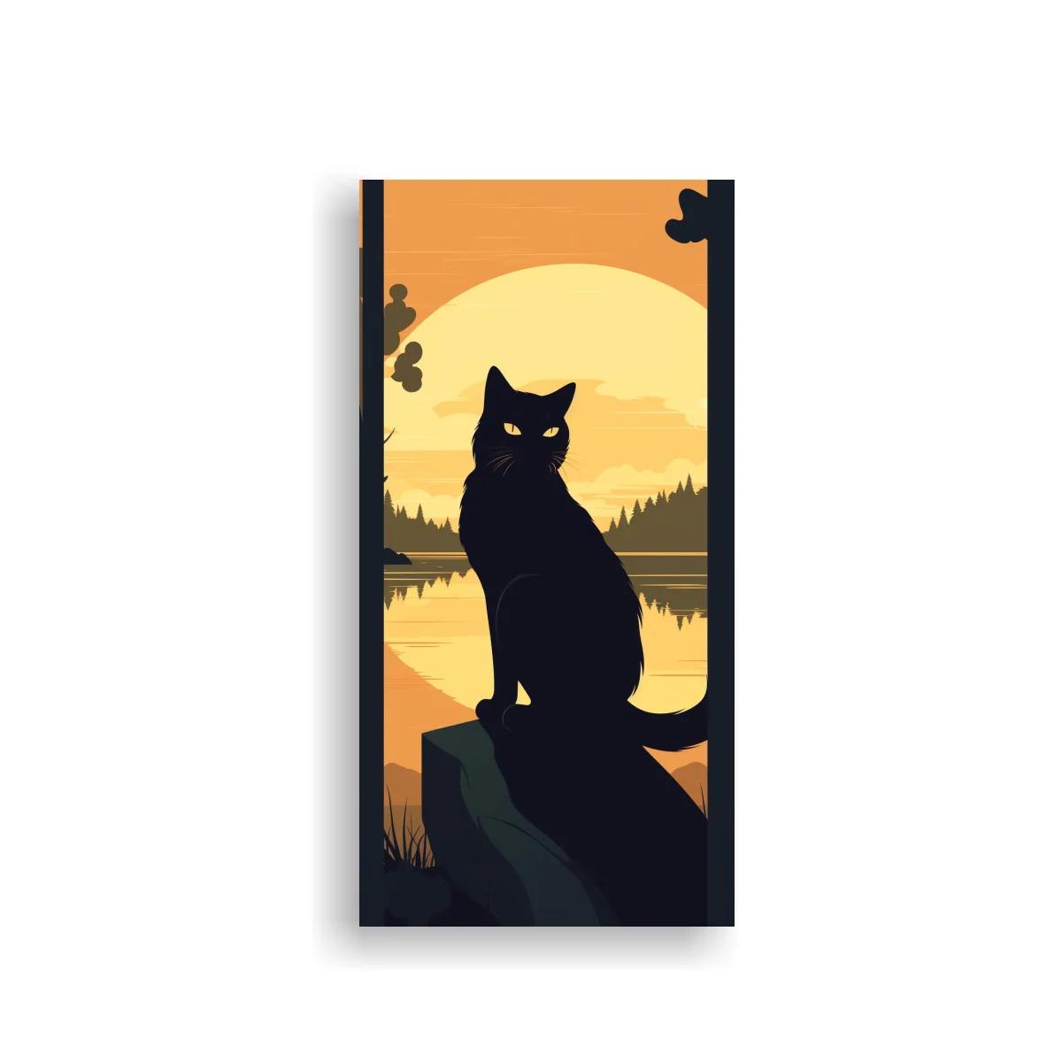Cuadro gato negro con luna llena y bosque nocturno