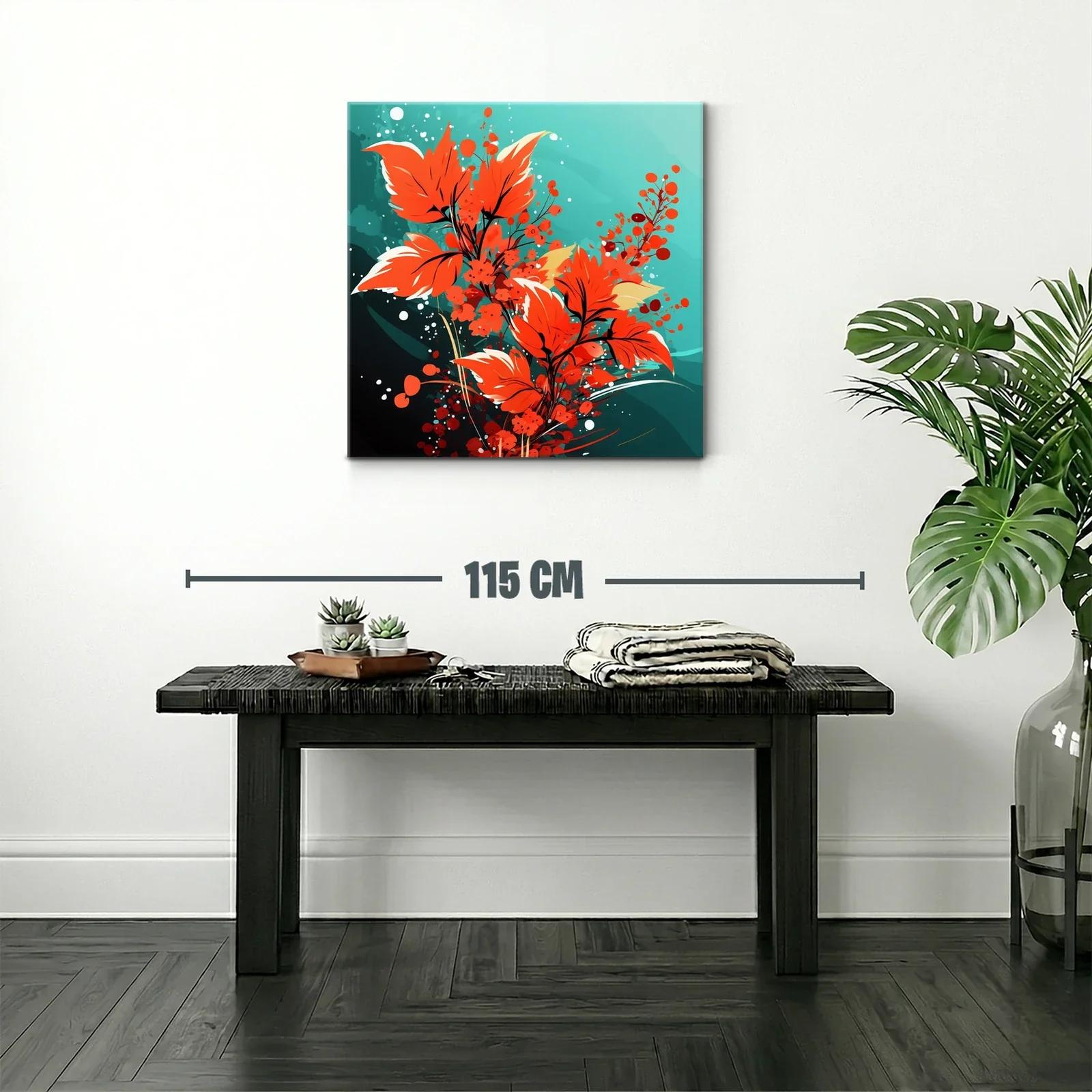 Cuadro moderno con hojas y flores en tonos rojos vibrantes — miniatura 2