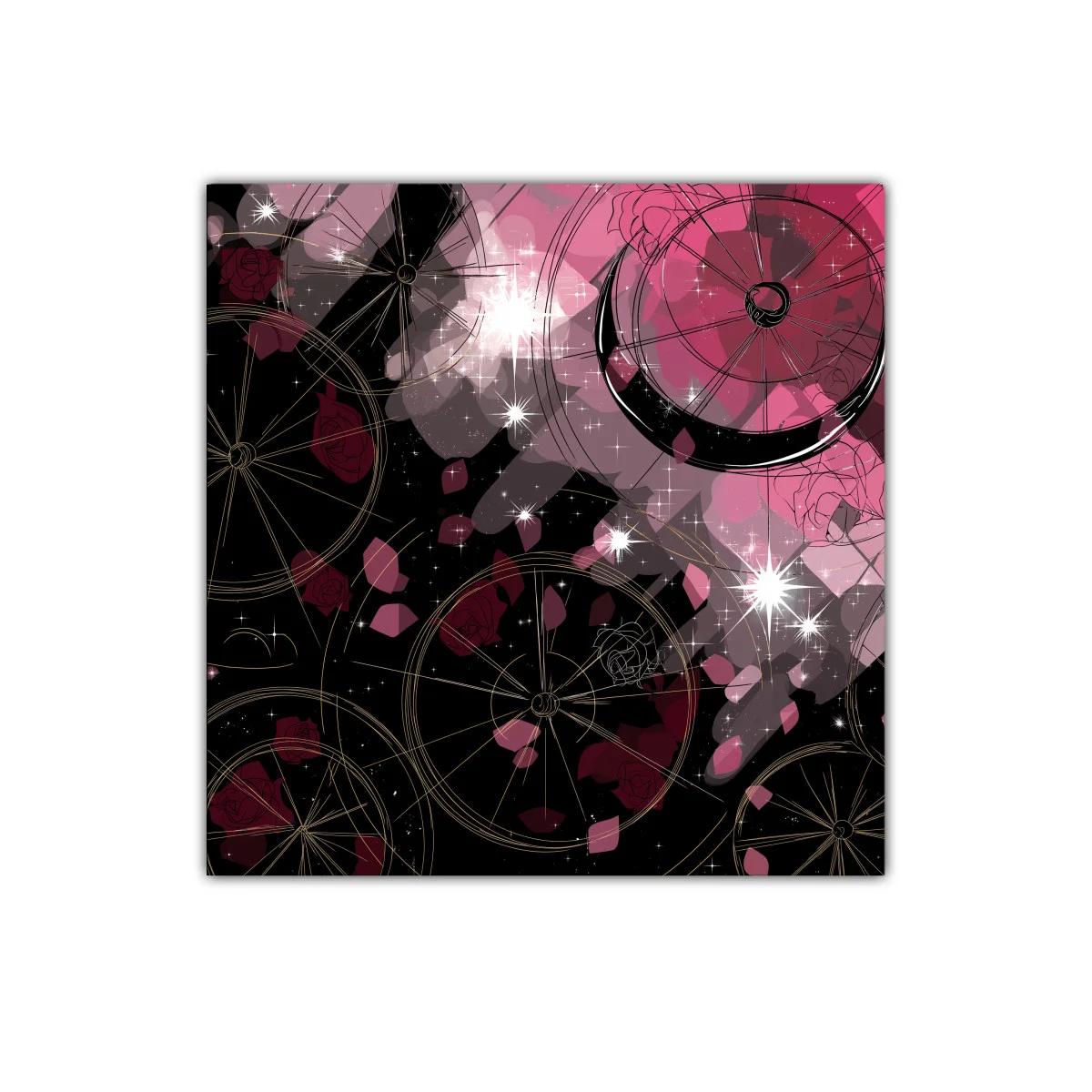 Cuadro decorativo con abanicos y pétalos en tonos rosas y negros