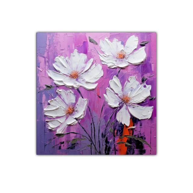 Cuadro decorativo con flores blancas sobre fondo violeta y fucsia