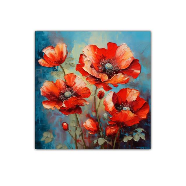 Cuadro decorativo con vibrantes flores rojas sobre fondo azul