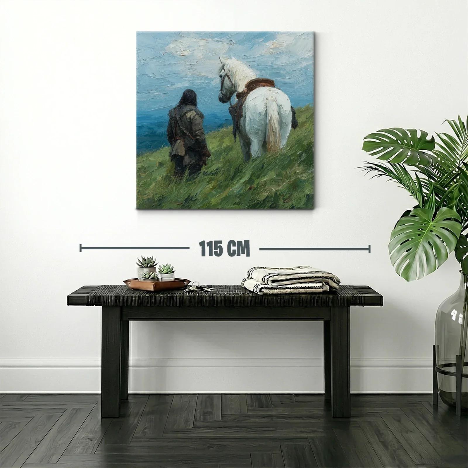 Escena Campestre con Jinete y Caballo Blanco en Paisaje Abierto — miniatura 2