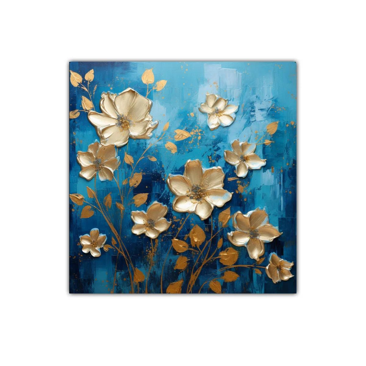 Cuadro floral con flores doradas sobre fondo azul profundo