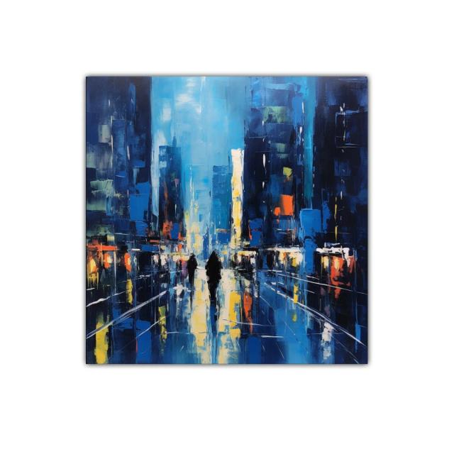Paisaje urbano nocturno con reflejos vibrantes y figuras