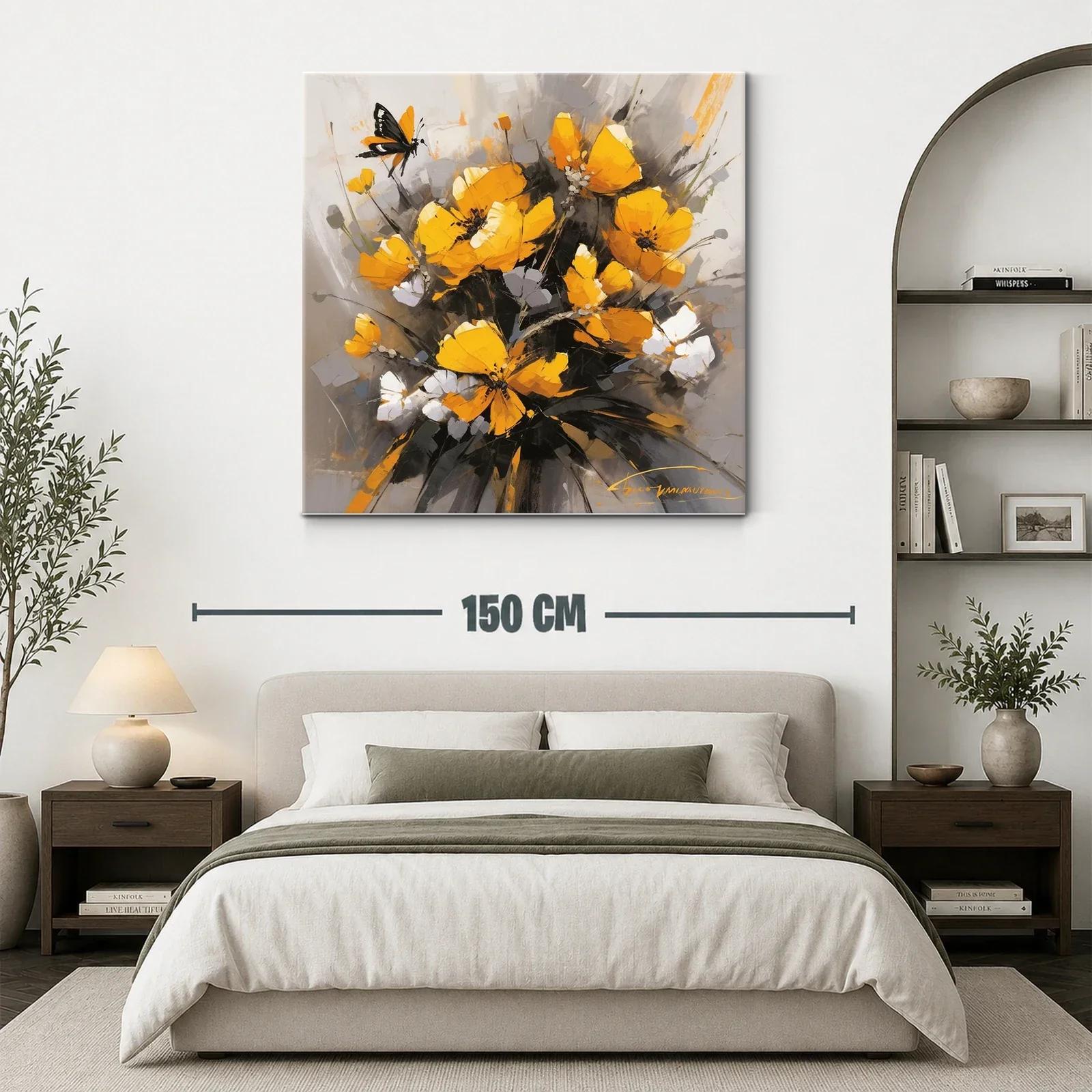 Cuadro floral con mariposas en tonos amarillos y grises — miniatura 3