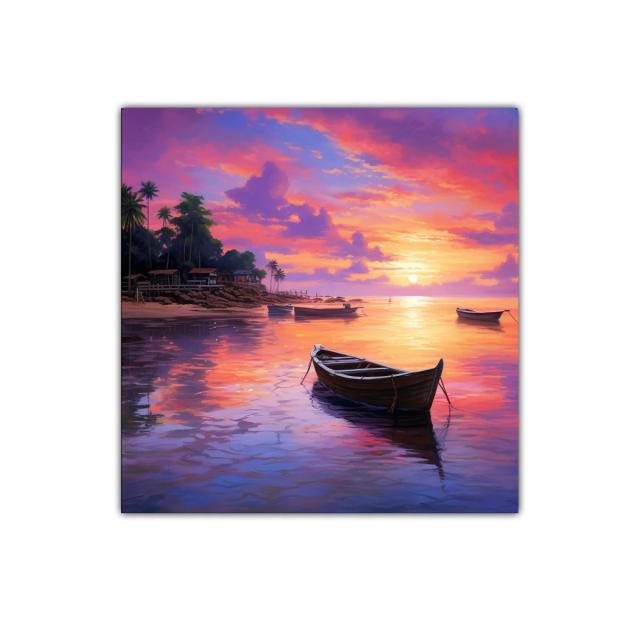 Atardecer sereno con barcos en aguas tranquilas