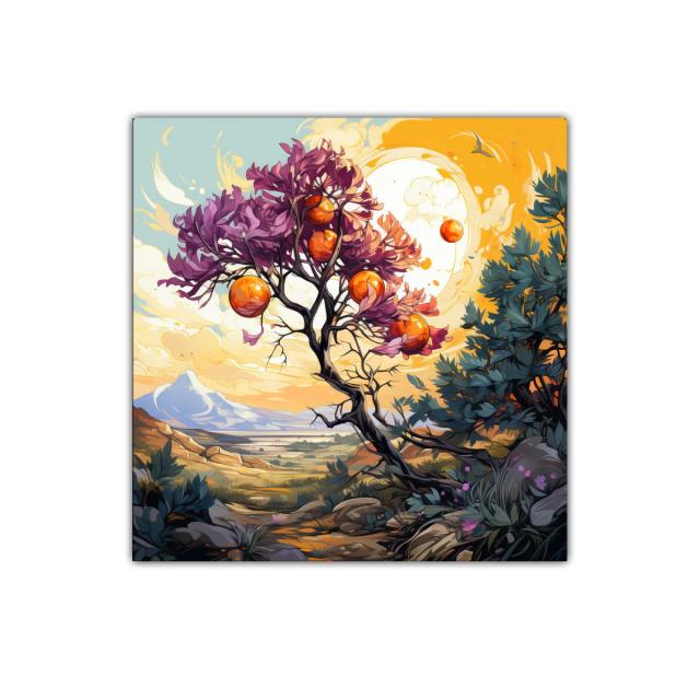 Paisaje surrealista con árbol de frutos naranjas vibrantes