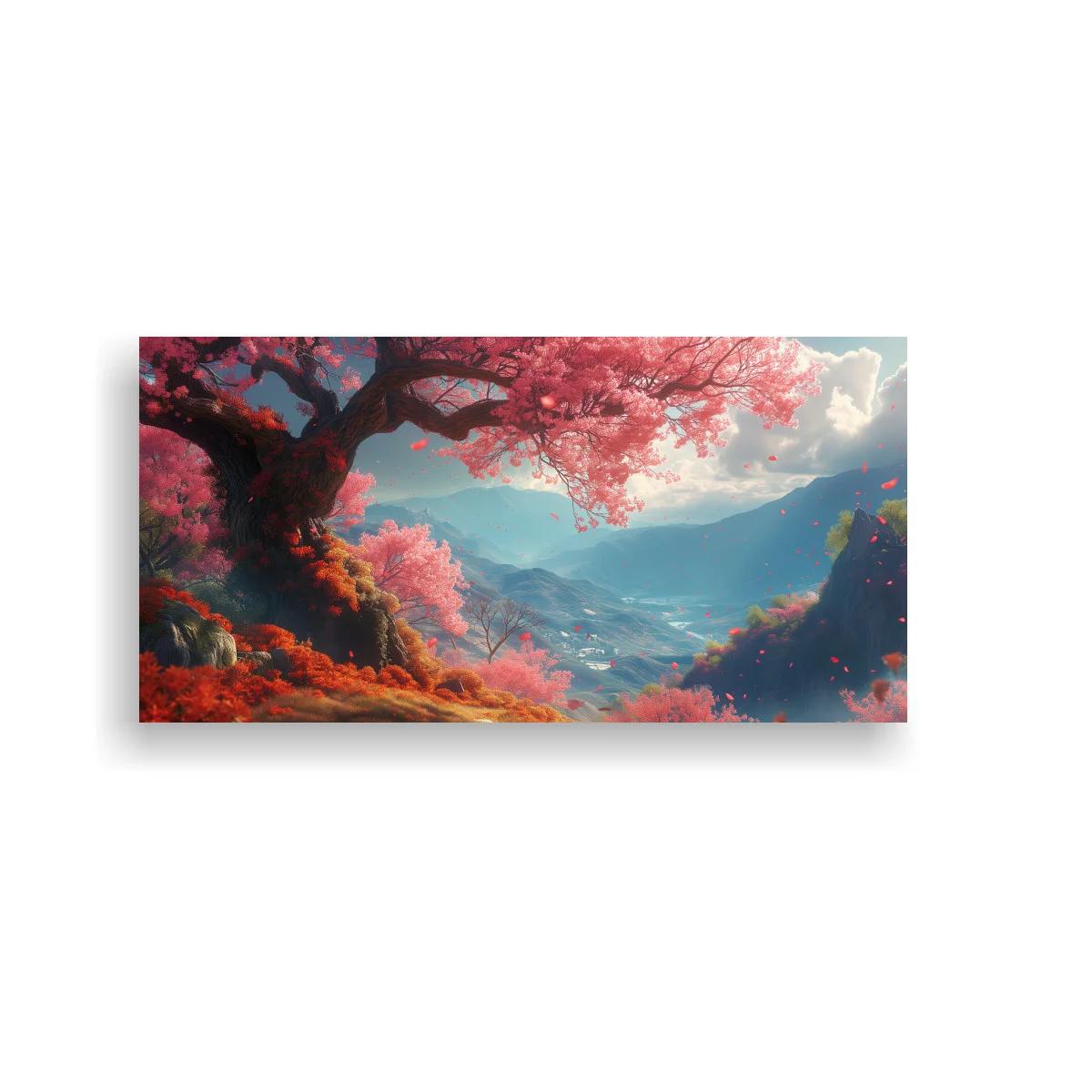 Cuadro paisaje de montaña con árbol de flores rosas y pétalos flotando