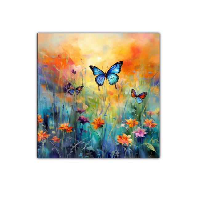 Cuadro decorativo con mariposas azules y flores vibrantes