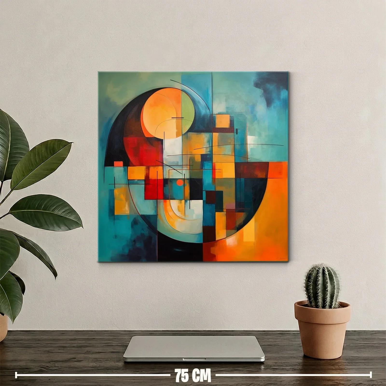 Cuadro abstracto con formas geométricas en tonos cálidos y fríos — miniatura 2