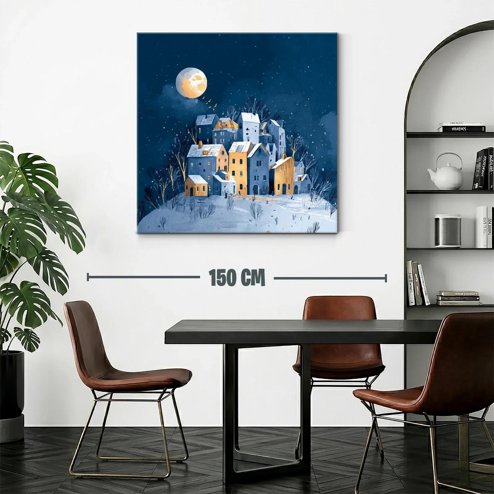 Paisaje nocturno con casas iluminadas y luna llena — miniatura 2