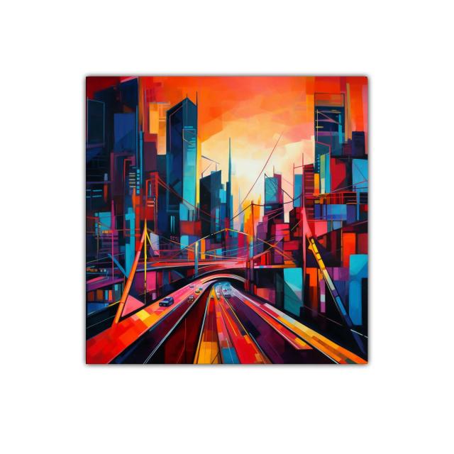 Vibrante paisaje urbano con rutas iluminadas al atardecer