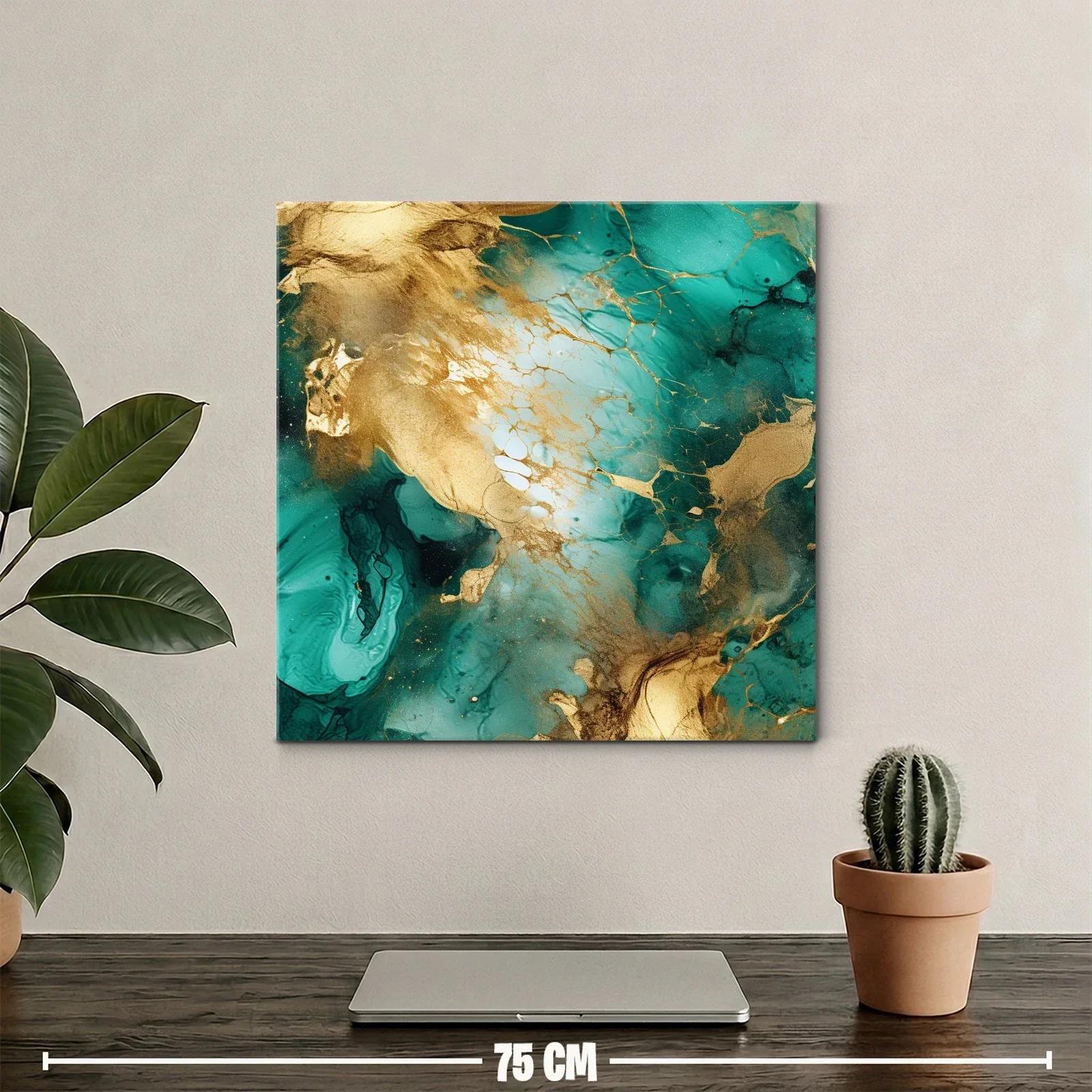 Cuadro abstracto con tonos dorados y verdes vibrantes — miniatura 2
