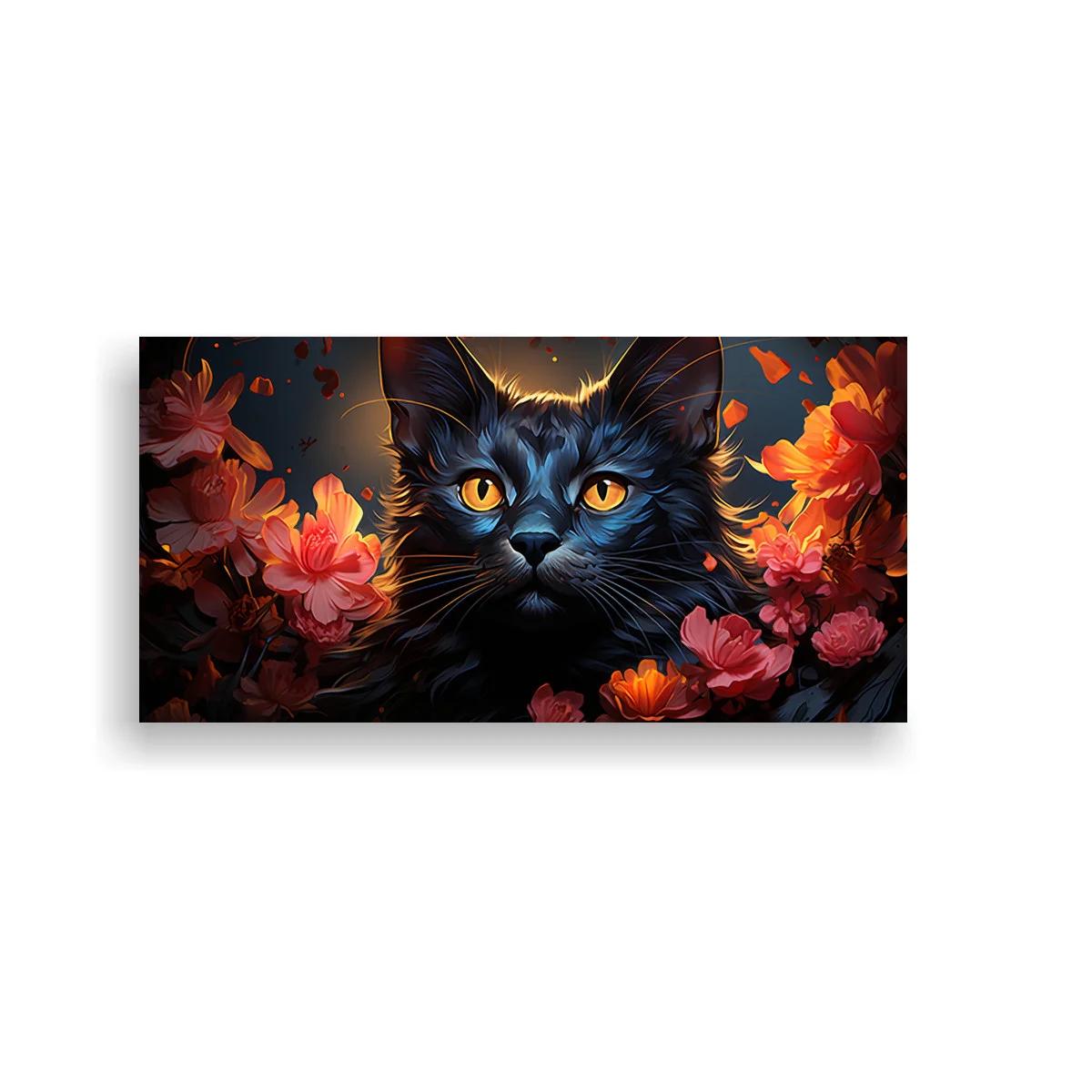 Cuadro gato negro de ojos ámbar entre flores