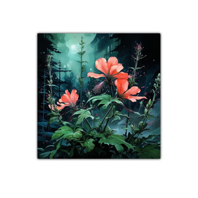 Exuberante jardín nocturno con flores iluminadas en tonos cálidos