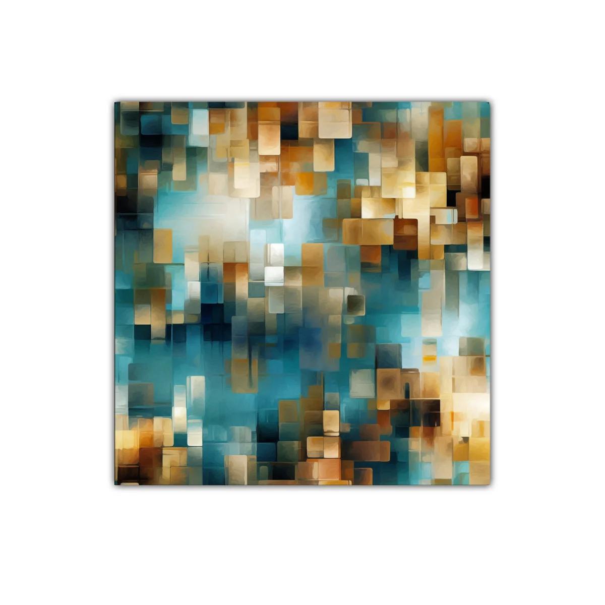 Composición abstracta con bloques en tonos azules y dorados