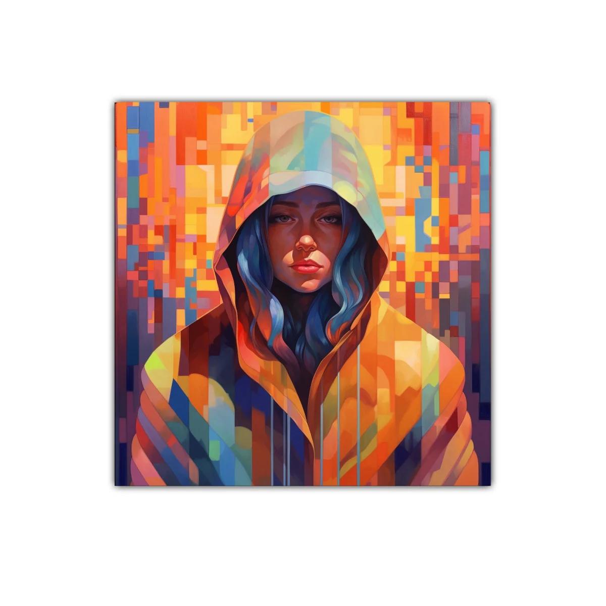 Retrato vibrante con capucha entre píxeles coloridos — imagen principal