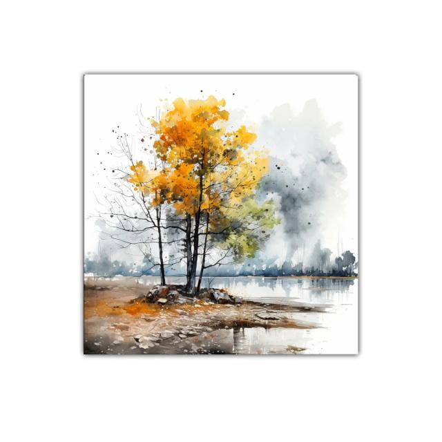 Paisaje otoñal con árboles dorados junto al lago