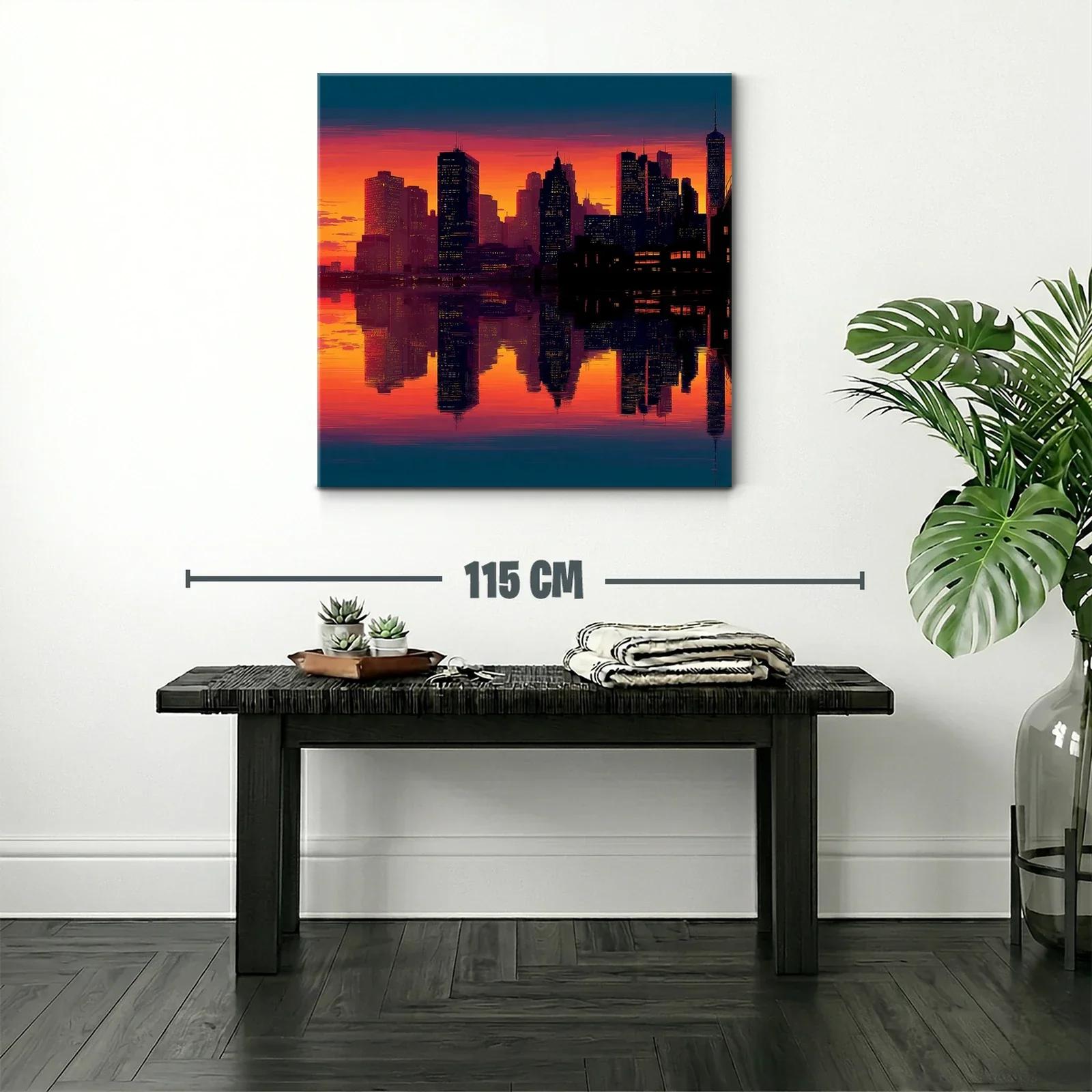 Atardecer vibrante sobre ciudad con reflejo en agua — miniatura 2