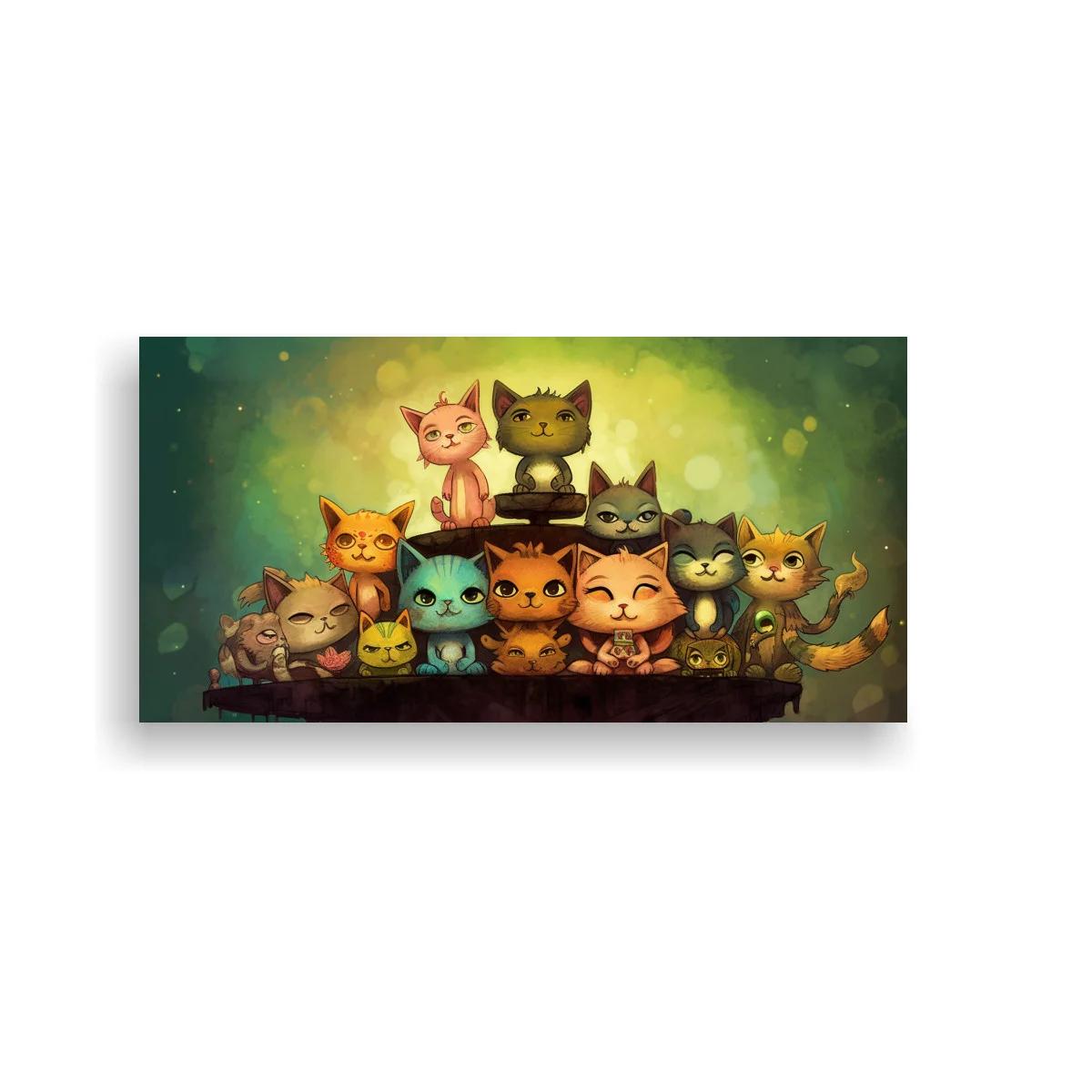 Cuadro grupo de gatos caricaturescos sobre base oscura