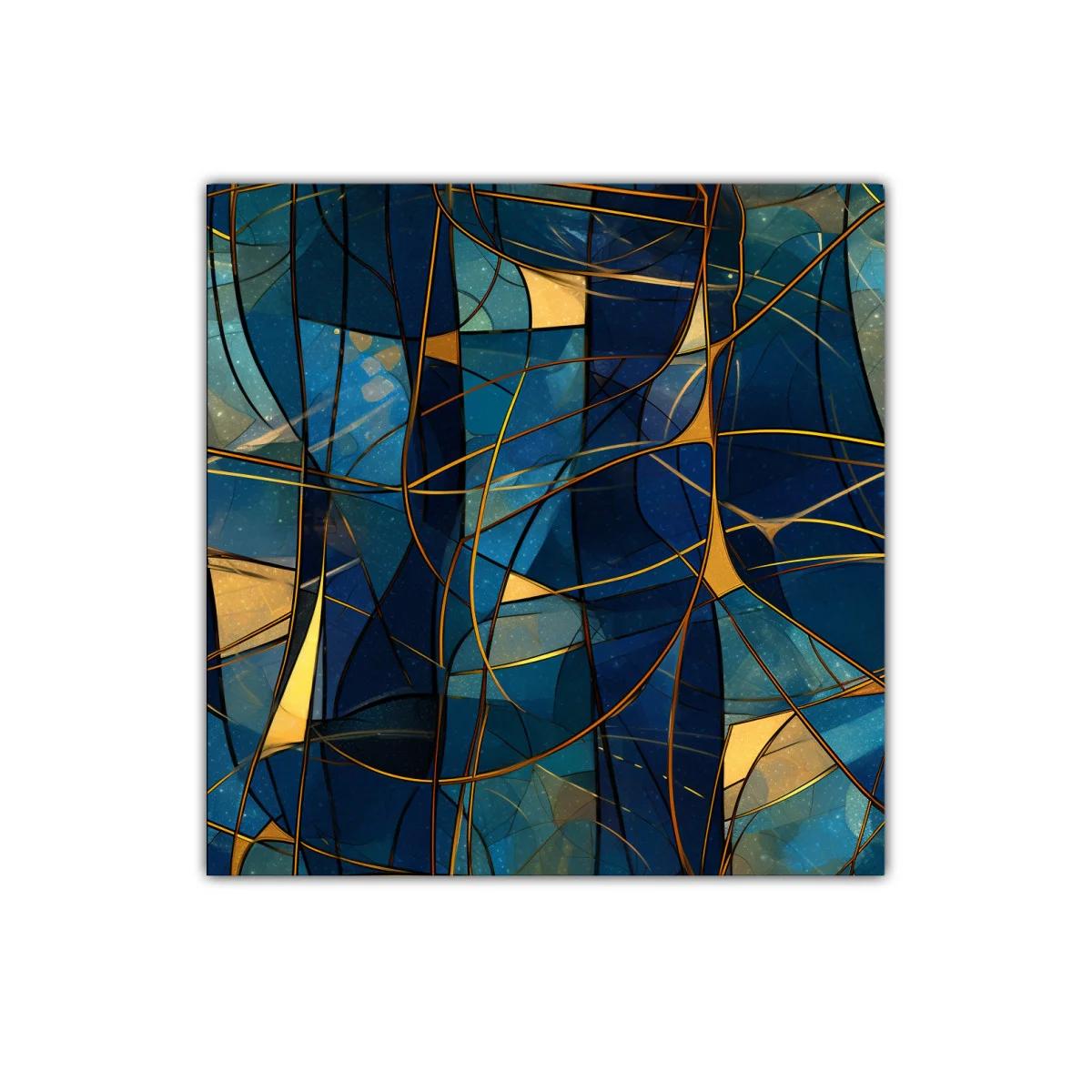 Composición abstracta con tonos azules y líneas doradas entrelazadas