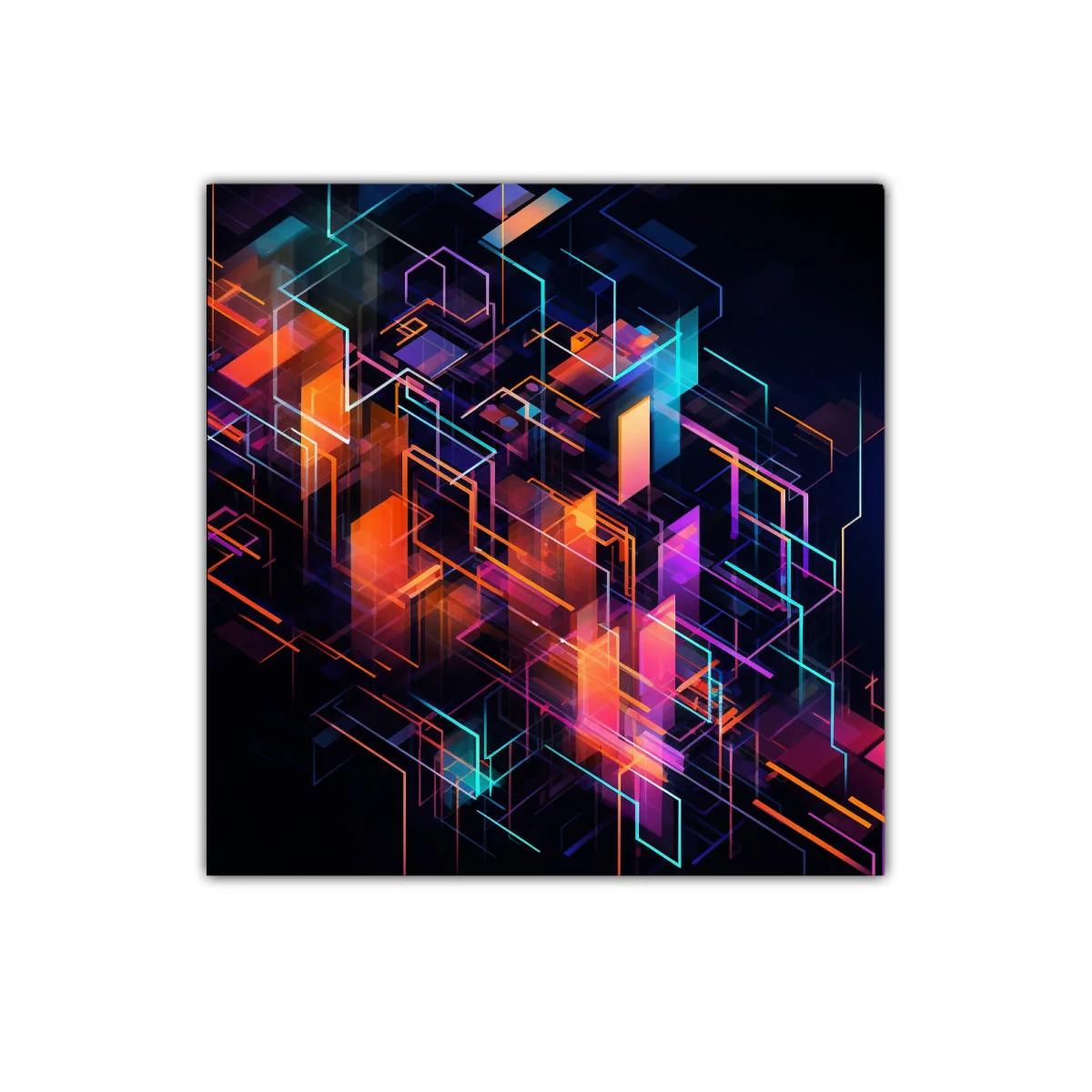 Cuadro abstracto geométrico vibrante con luces neón