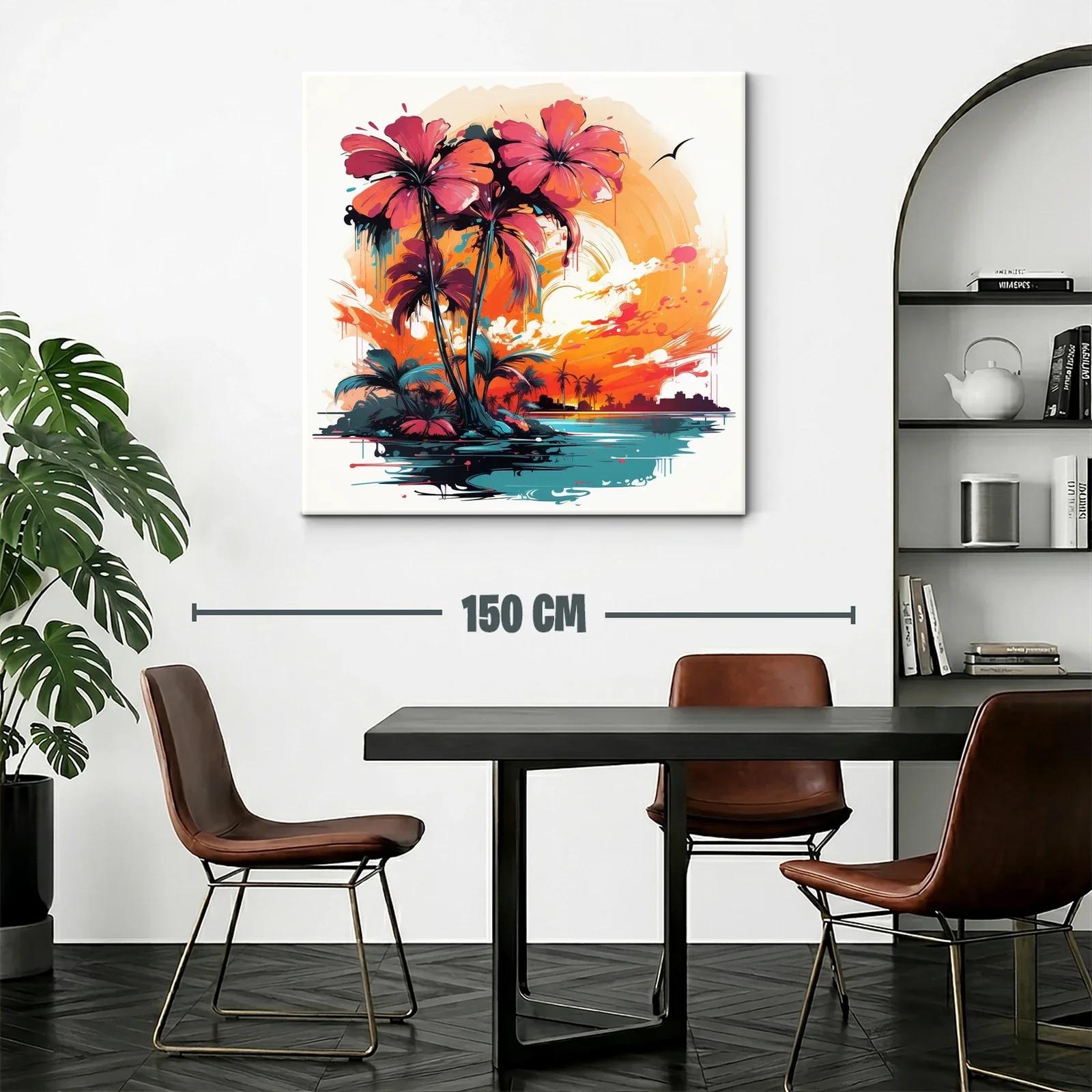 Atardecer tropical con palmeras vibrantes y horizonte urbano — miniatura 2