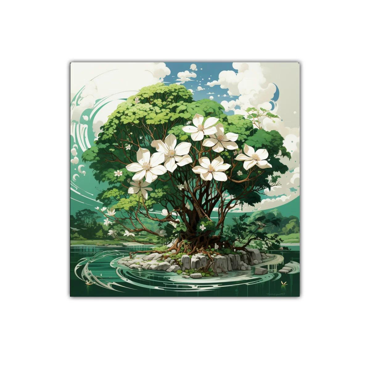 Árbol florido en isla rodeada de agua y naturaleza viva