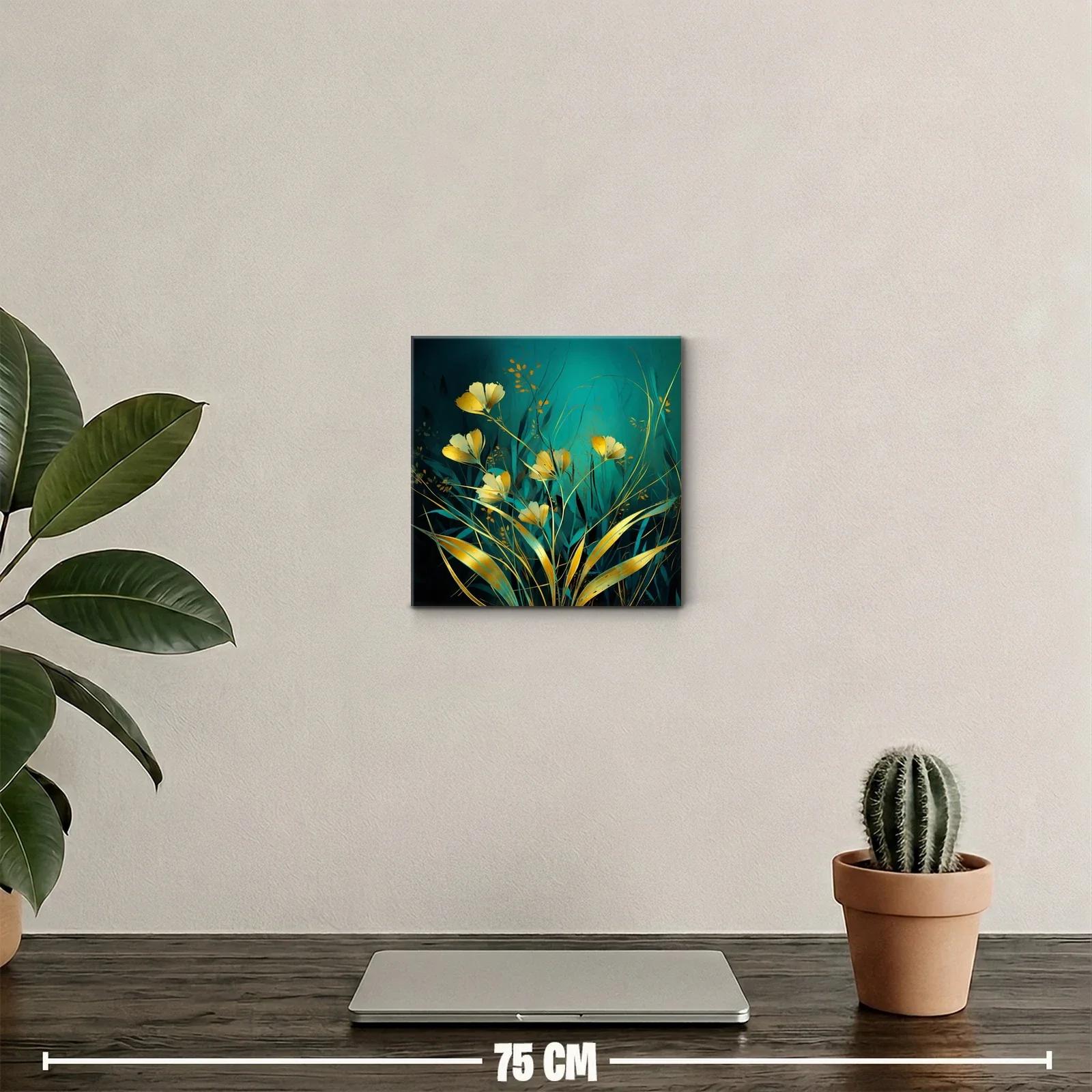 Cuadro floral con delicados tonos dorados y fondo turquesa — miniatura 2