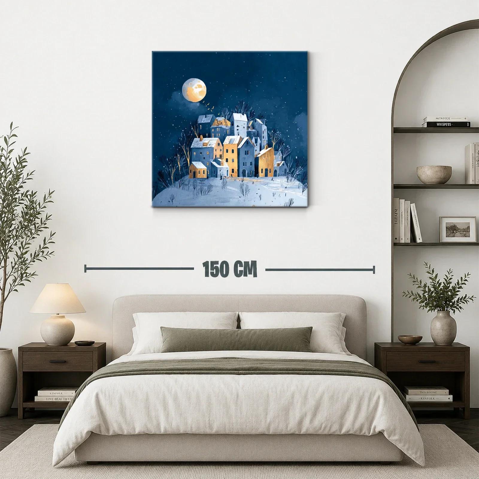 Paisaje nocturno con casas iluminadas y luna llena — miniatura 3