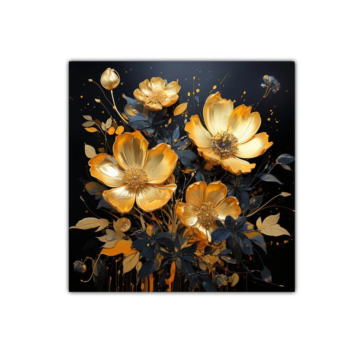 Cuadro decorativo con flores doradas y hojas oscuras — imagen principal