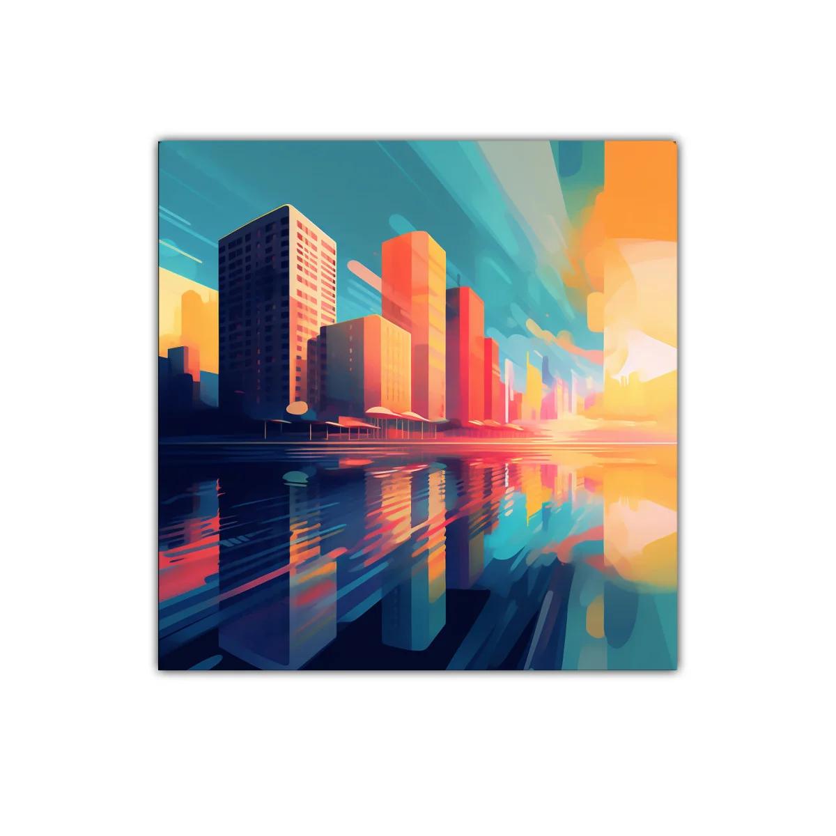Atardecer vibrante sobre la ciudad reflejada en el agua — imagen principal