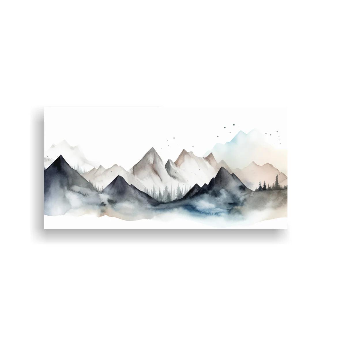 Cuadro cordillera de montañas con pinos y salpicaduras sutiles
