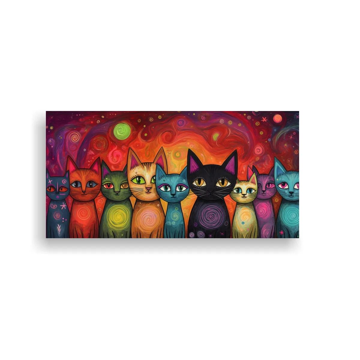 Cuadro fila de gatos de colores con astros