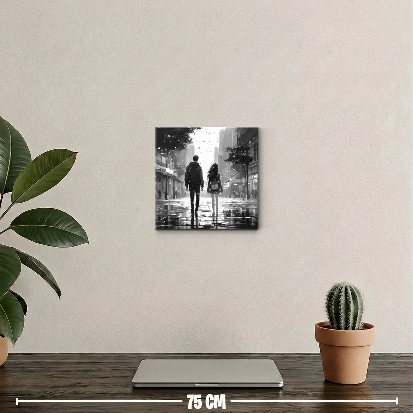 Pareja caminando en ciudad bajo lluvia suave en blanco y negro — miniatura 2