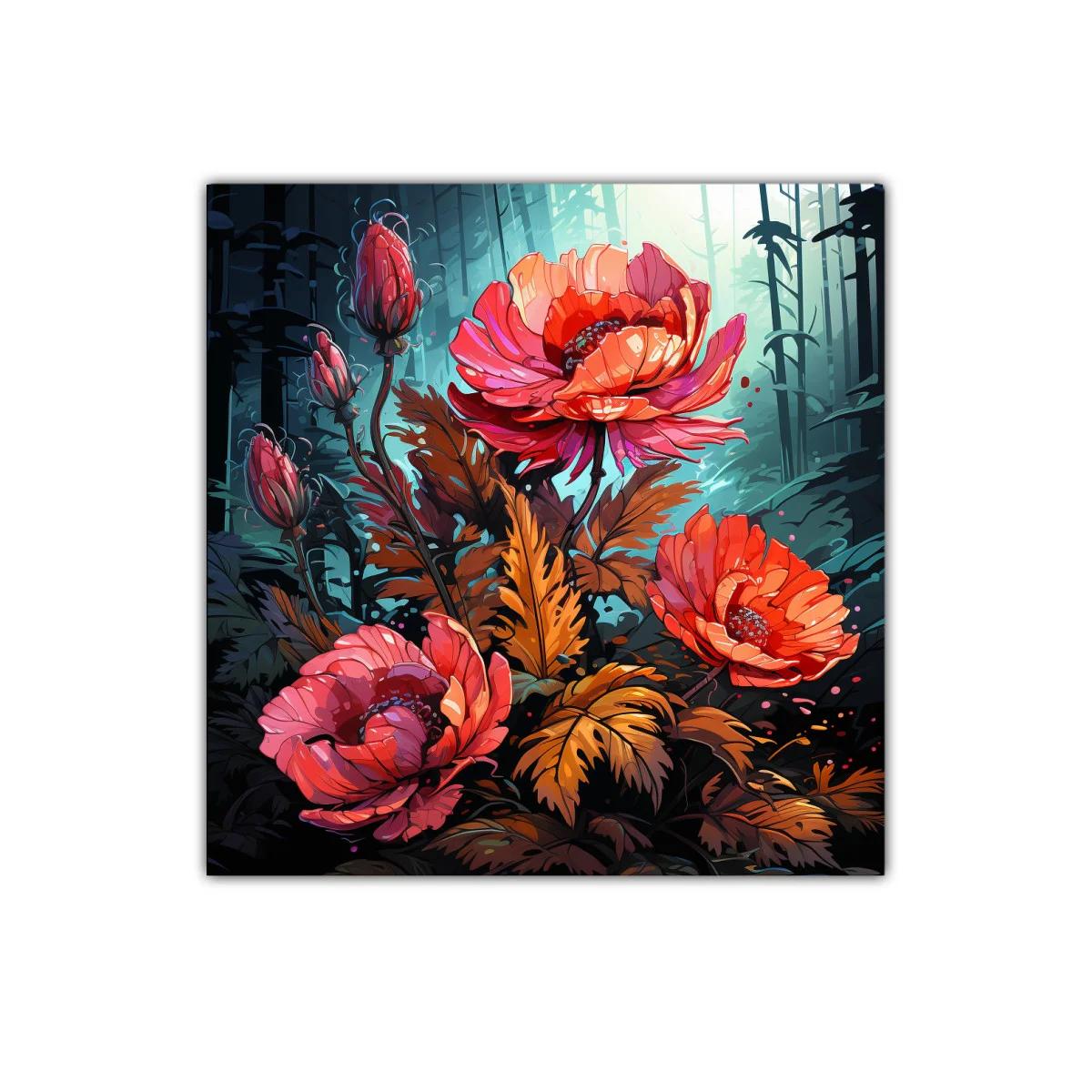 Flores vibrantes en contraste con bosque nocturno — imagen principal