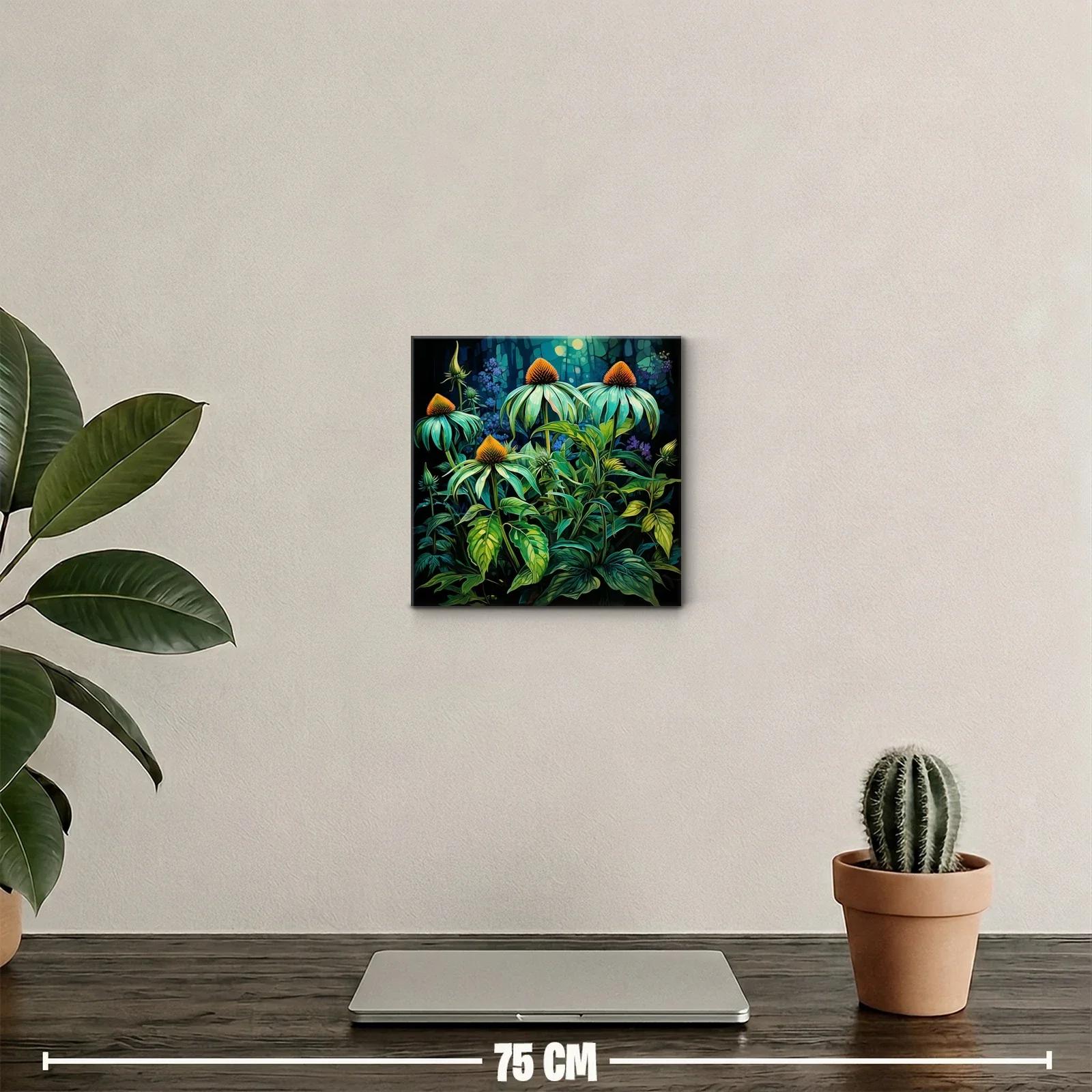 Cuadro decorativo con flores iluminadas en tonos verdes y naranjas — miniatura 2