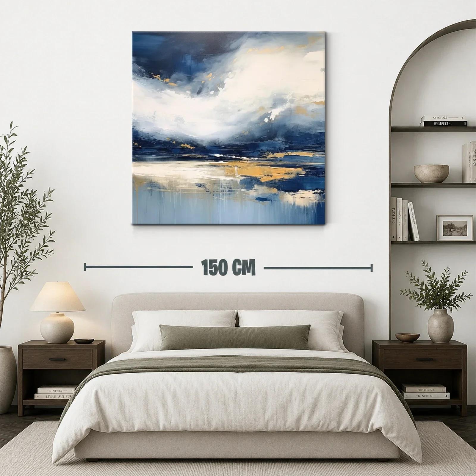 Cuadro abstracto con tonos azules y dorados para espacios modernos — miniatura 3